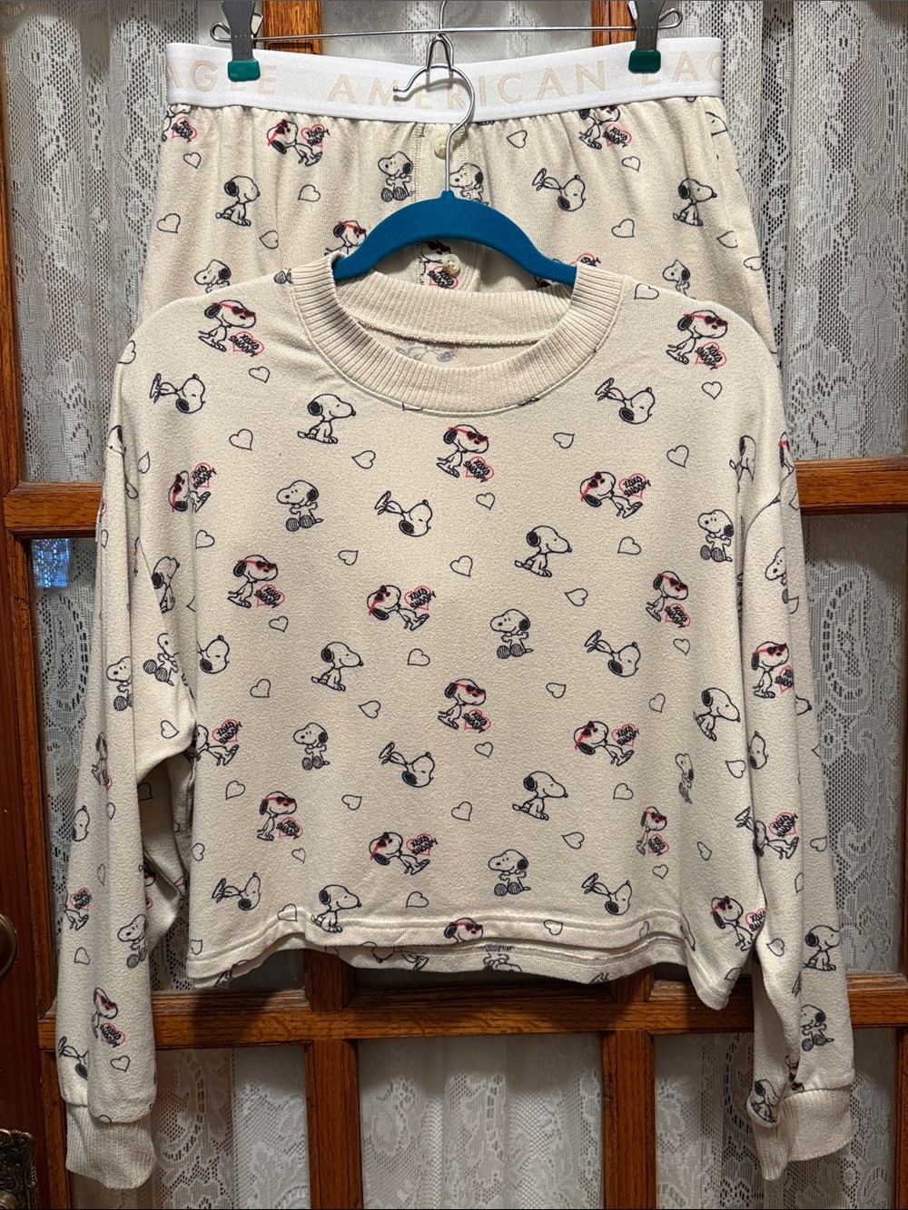 American Eagle Outfitters Cream Snoopy Print Pajama Set